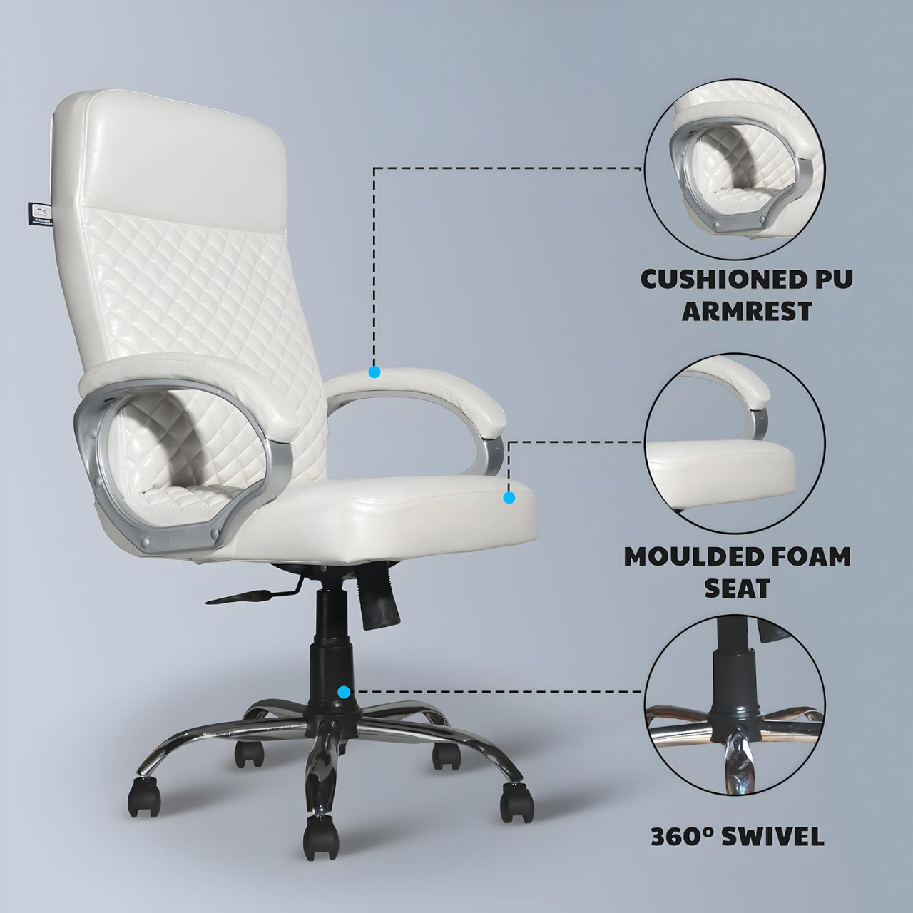Premium White Leatherette Office Chair with Fixed Armrests | Heavy Duty Chrome Base | Home Office Desk Swivel Seat