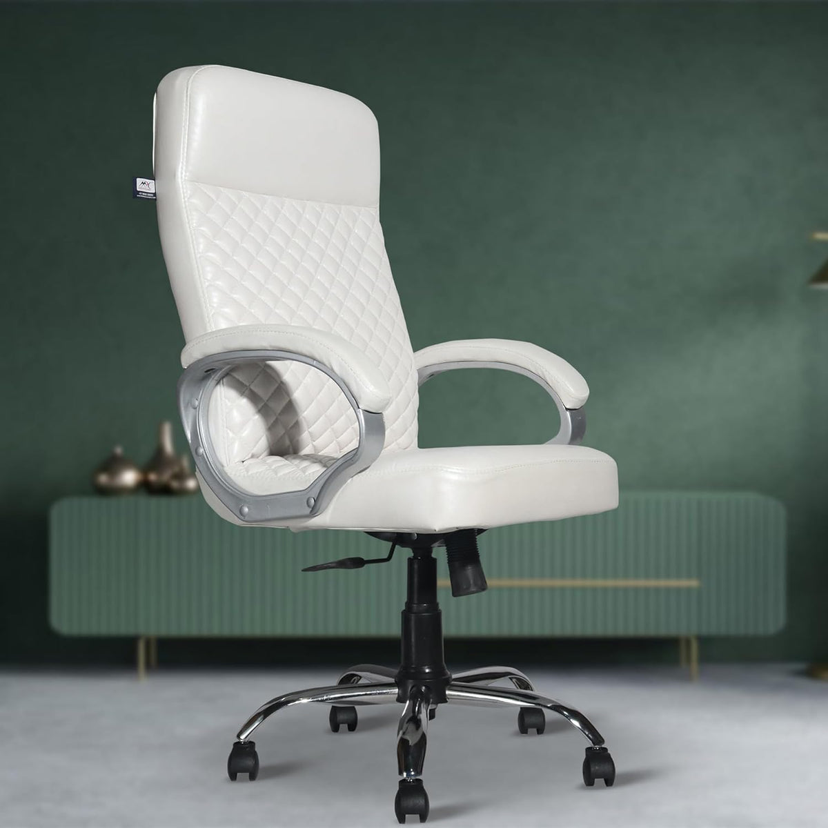 Premium White Leatherette Office Chair with Fixed Armrests | Heavy Duty Chrome Base | Home Office Desk Swivel Seat