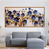 Elegant 3D Golden Tree Wall Art – Bold Blue Blossoms with Flowing Gold Branches