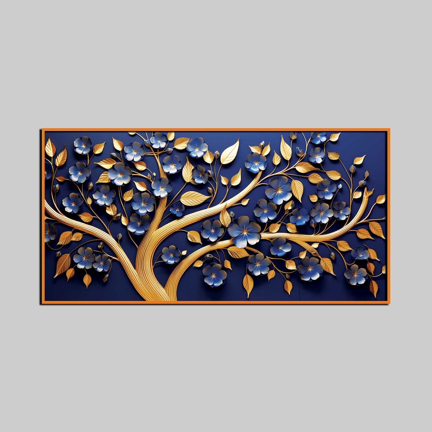 Luxury 3D Golden Tree Wall Art – Blue Floral Blossoms with Golden Leaves on Deep Navy Background