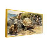 Painting Turtle Rocky Area With People Looking It Canvas Wall Paintings