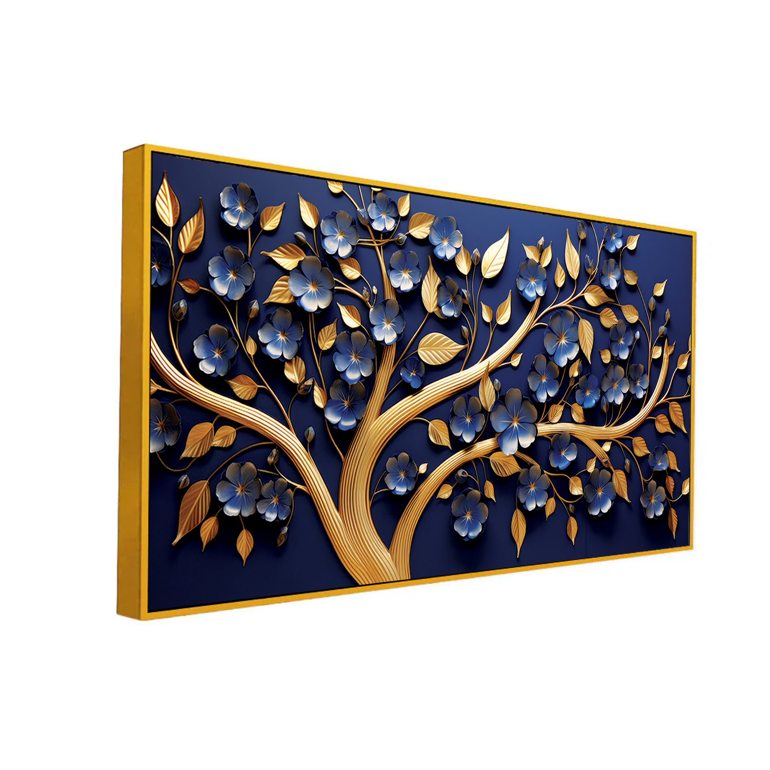 Luxury 3D Golden Tree Wall Art – Blue Floral Blossoms with Golden Leaves on Deep Navy Background