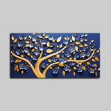 Luxury 3D Golden Tree Wall Art – Blue Floral Blossoms with Golden Leaves on Deep Navy Background