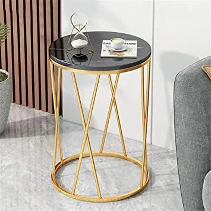 Premium Designer Round Shaped Golden Artistic Side Table with Black Marble