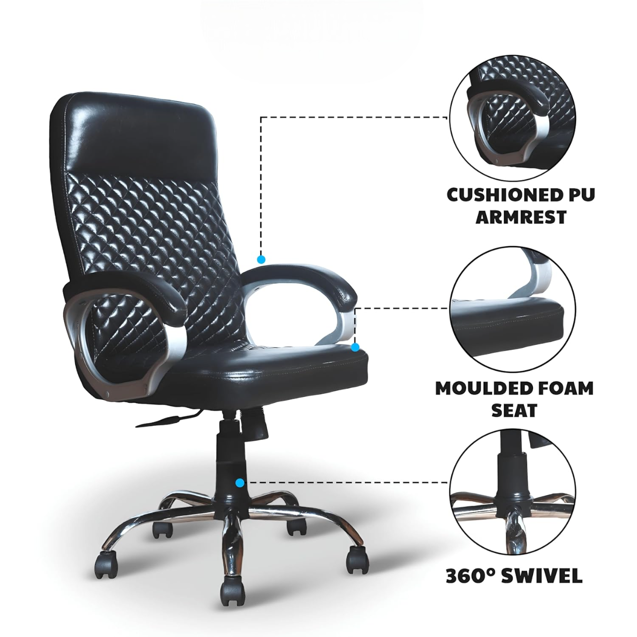 Premium Black Leatherette Office Chair with Tilting Mechanism | Fixed Armrests & Heavy Duty Chrome Base Desk Seat