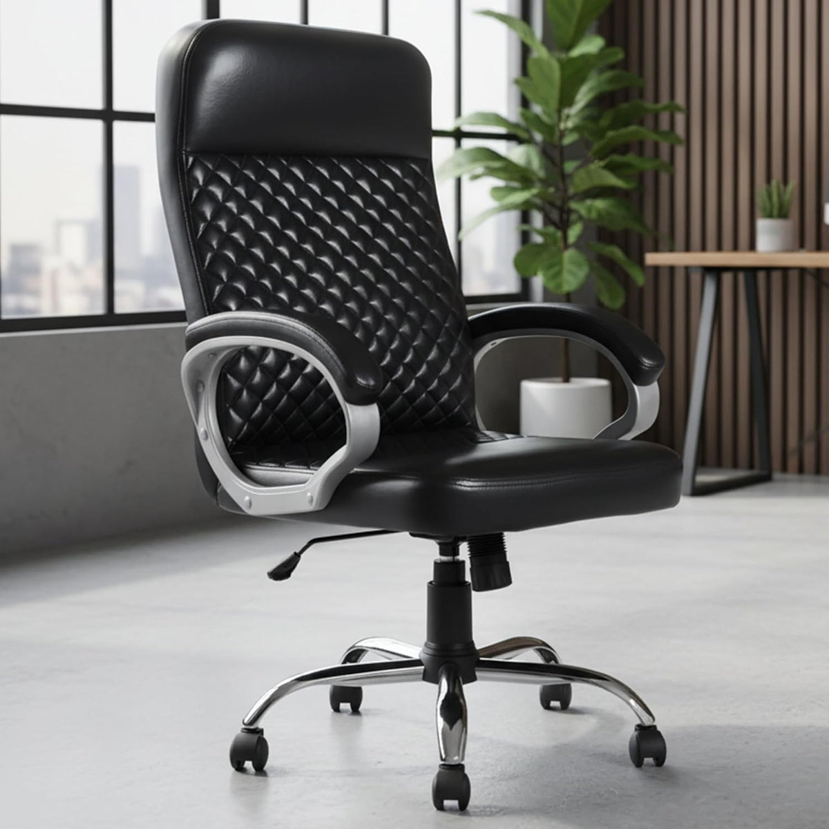 Premium Black Leatherette Office Chair with Tilting Mechanism | Fixed Armrests & Heavy Duty Chrome Base Desk Seat