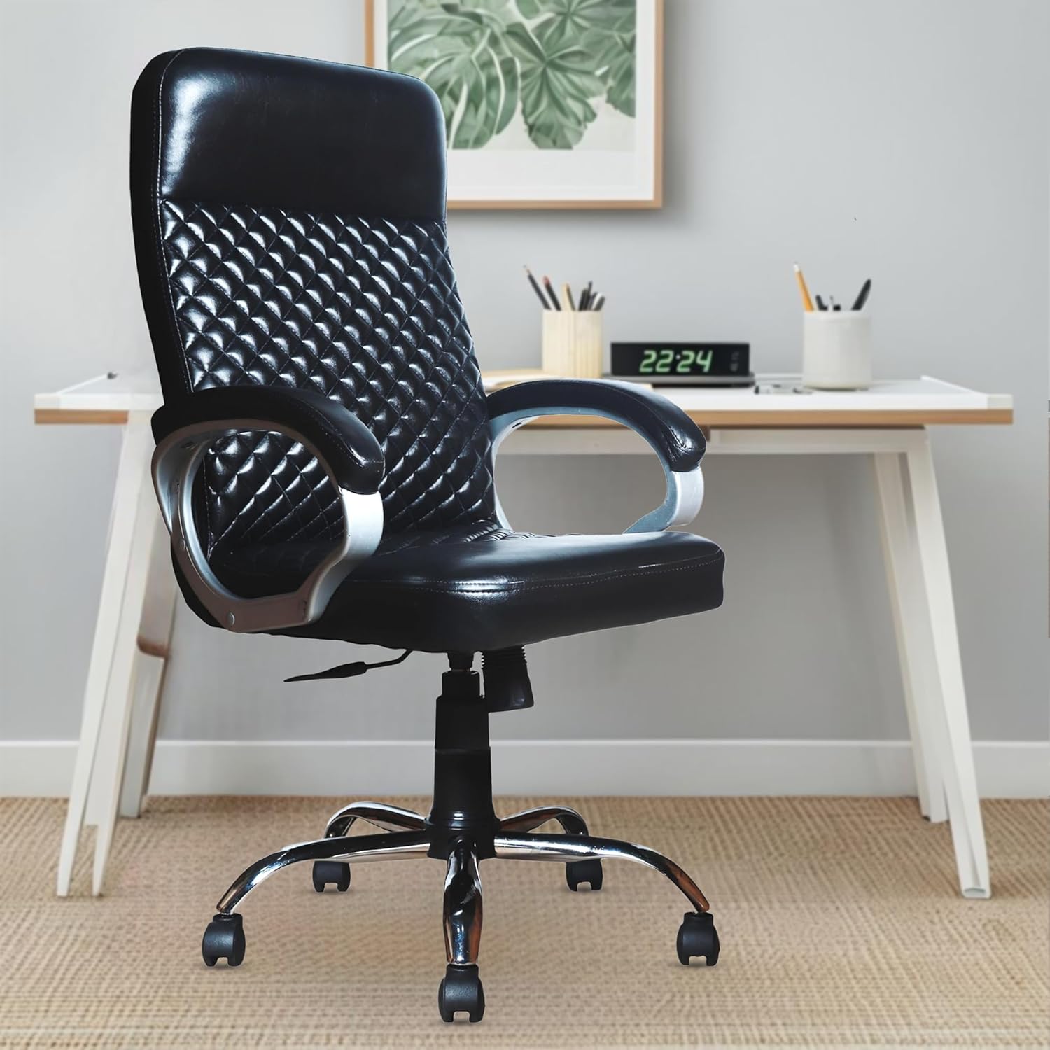Premium Black Leatherette Office Chair with Tilting Mechanism | Fixed Armrests & Heavy Duty Chrome Base Desk Seat