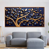 Luxury 3D Golden Tree Wall Art – Blue Floral Blossoms with Golden Leaves on Deep Navy Background