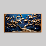Elegant 3D Golden Blossom Tree Wall Art – Textured Blue Background with Flowing Branch Design