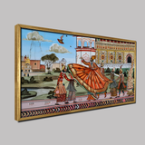 Mughal Emperor Robe Caught Breeze Midflutter Attendant Trying Fix Ornate Palace Canvas Wall Paintings