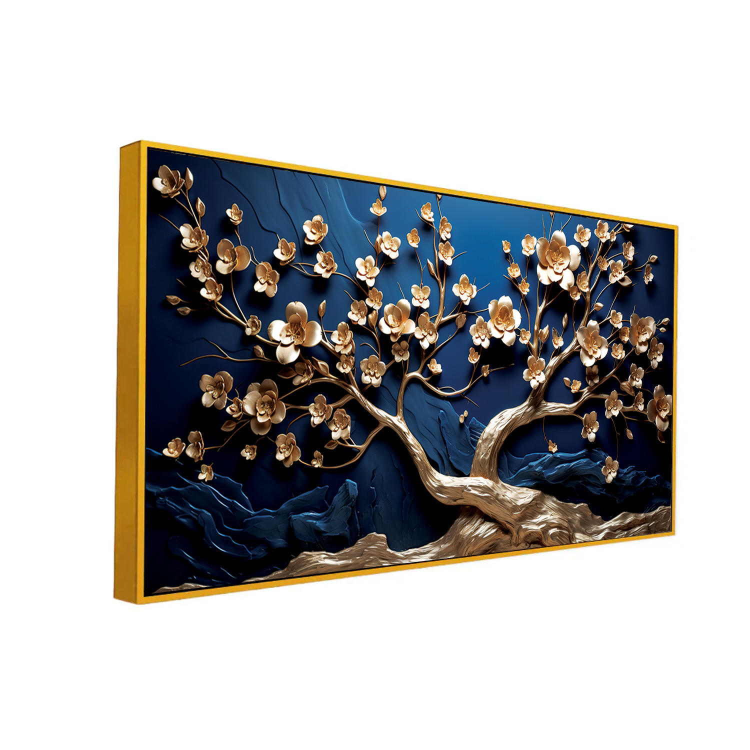 Elegant 3D Golden Blossom Tree Wall Art – Textured Blue Background with Flowing Branch Design