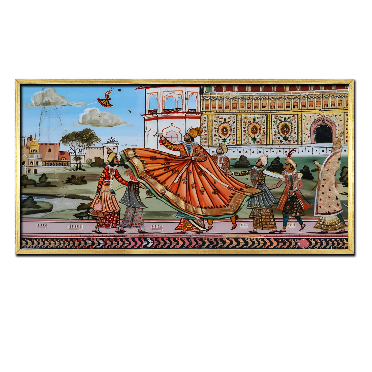 Mughal Emperor Robe Caught Breeze Midflutter Attendant Trying Fix Ornate Palace Canvas Wall Paintings