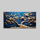 Elegant 3D Golden Blossom Tree Wall Art – Textured Blue Background with Flowing Branch Design
