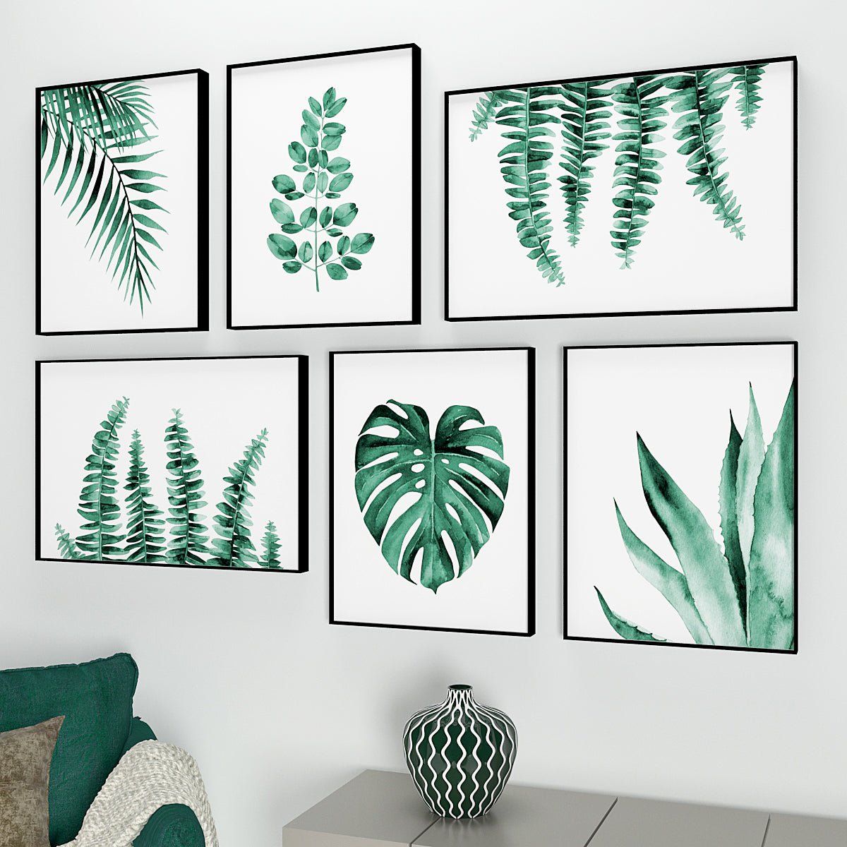 Green Tropical Ferns Wall Frame Set of 6