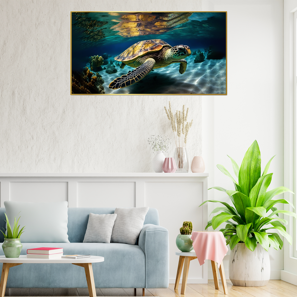 Green Sea Turtle Swimming Coral Beautiful Clear Canvas Wall Paintings