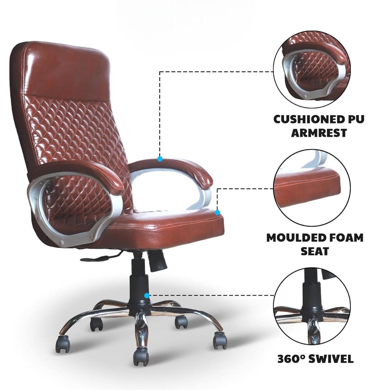 Premium Brown Leatherette Office Chair with Tilting Mechanism | Fixed Armrests & Heavy Duty Chrome Base Desk Seat