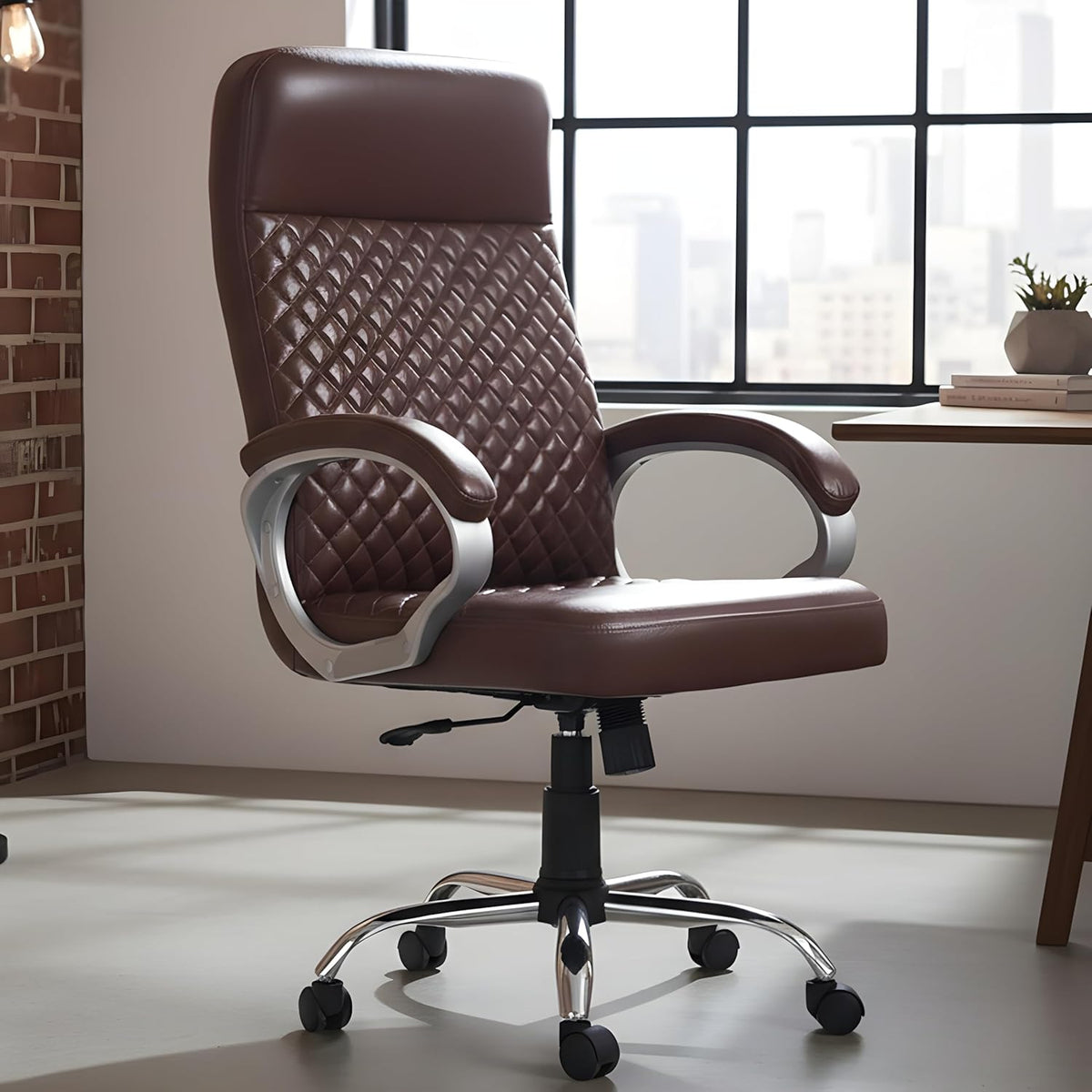 Premium Brown Leatherette Office Chair with Tilting Mechanism | Fixed Armrests & Heavy Duty Chrome Base Desk Seat