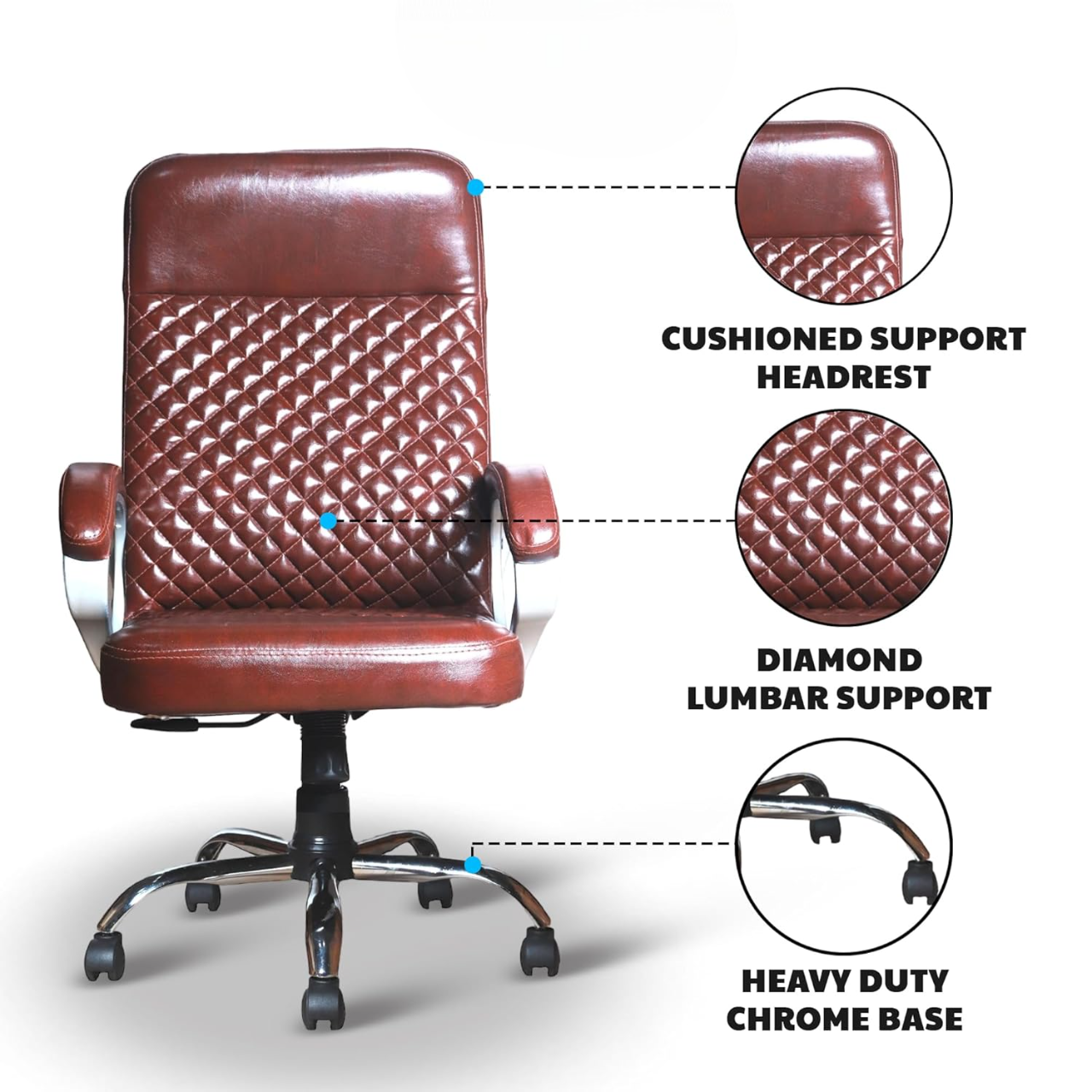 Premium Brown Leatherette Office Chair with Tilting Mechanism | Fixed Armrests & Heavy Duty Chrome Base Desk Seat