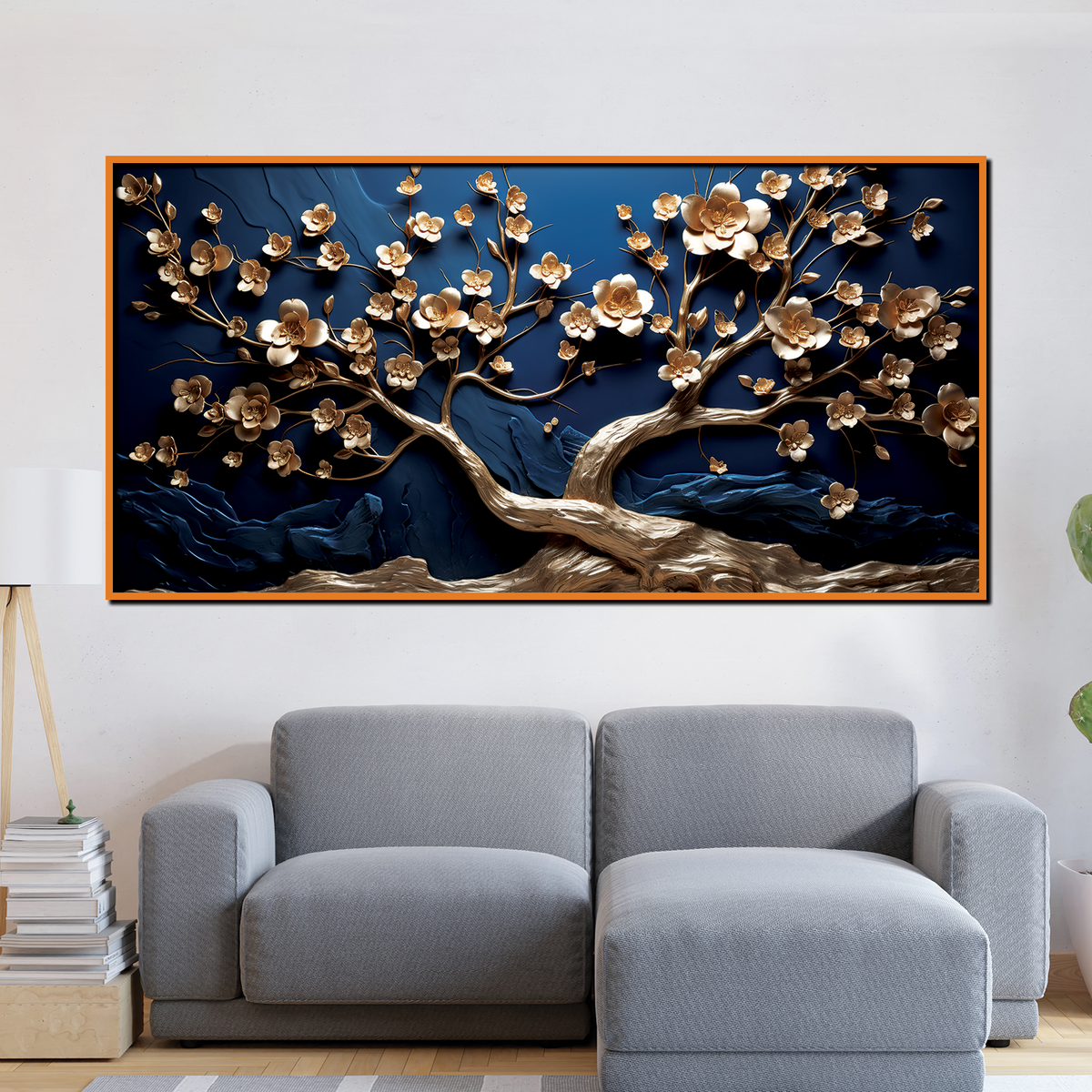 Elegant 3D Golden Blossom Tree Wall Art – Textured Blue Background with Flowing Branch Design