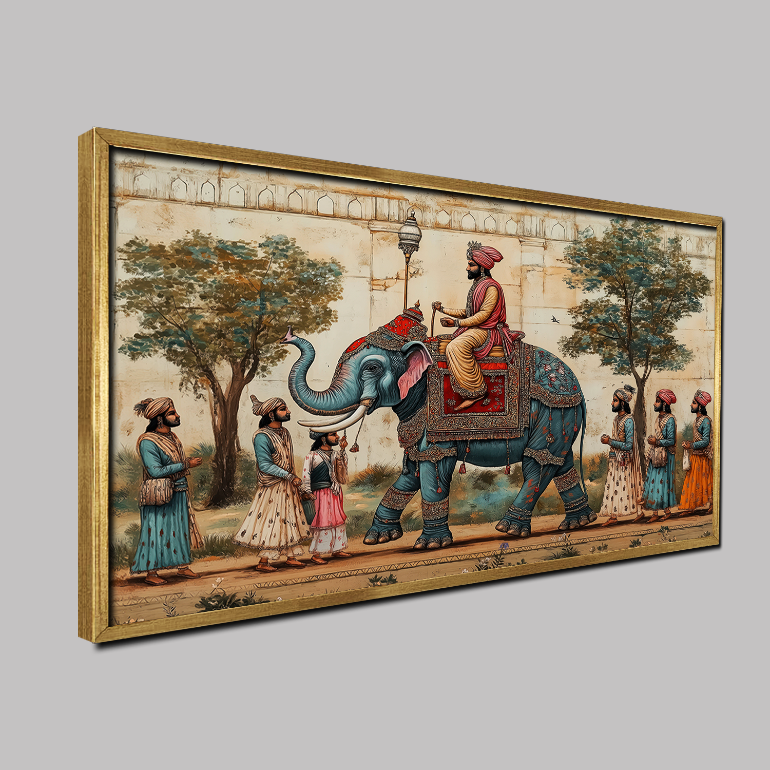 Mughal Emperor Rides Adorned Elephant Procession Indian Miniature Wall Paintings