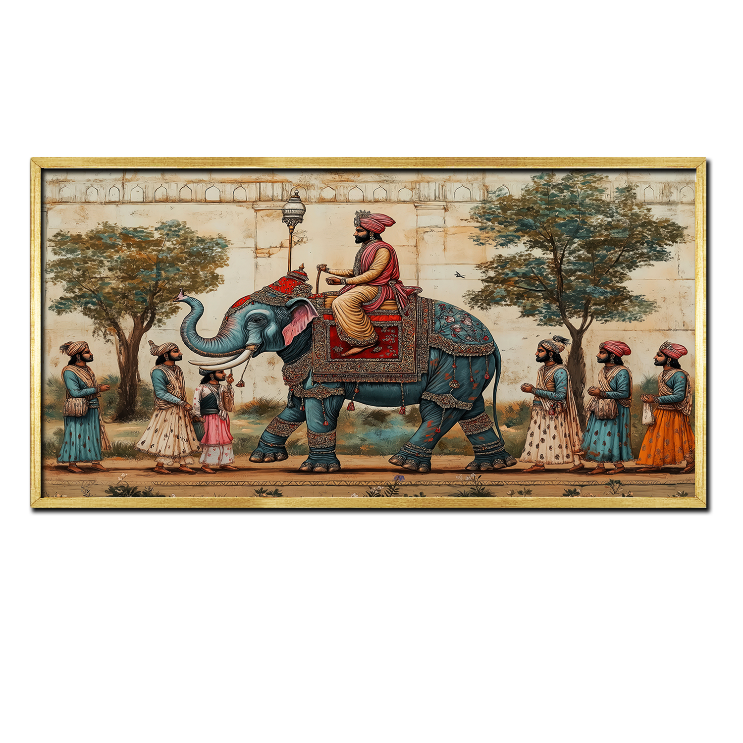 Mughal Emperor Rides Adorned Elephant Procession Indian Miniature Wall Paintings