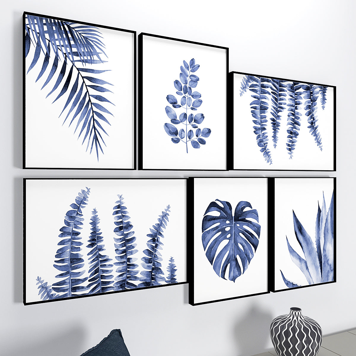 Ink Blue Tropical Ferns Wall Frame Set of 6