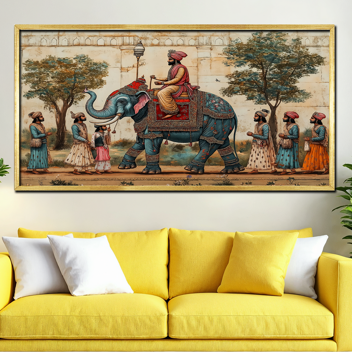 Mughal Emperor Rides Adorned Elephant Procession Indian Miniature Wall Paintings