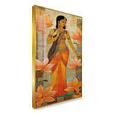 Traditional Indian Woman with Orange Lotus Acrylic Wall Paintings
