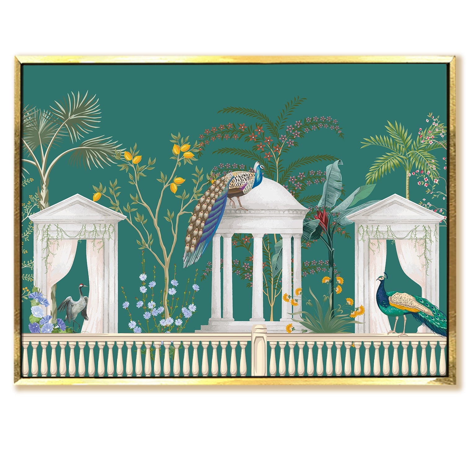Mughal Garden Peacock Artwork Abstract Canvas Framed Painting Indian Ethnic Traditional Wall Art Large Size For Living Room Bedroom Office Home Decoration.