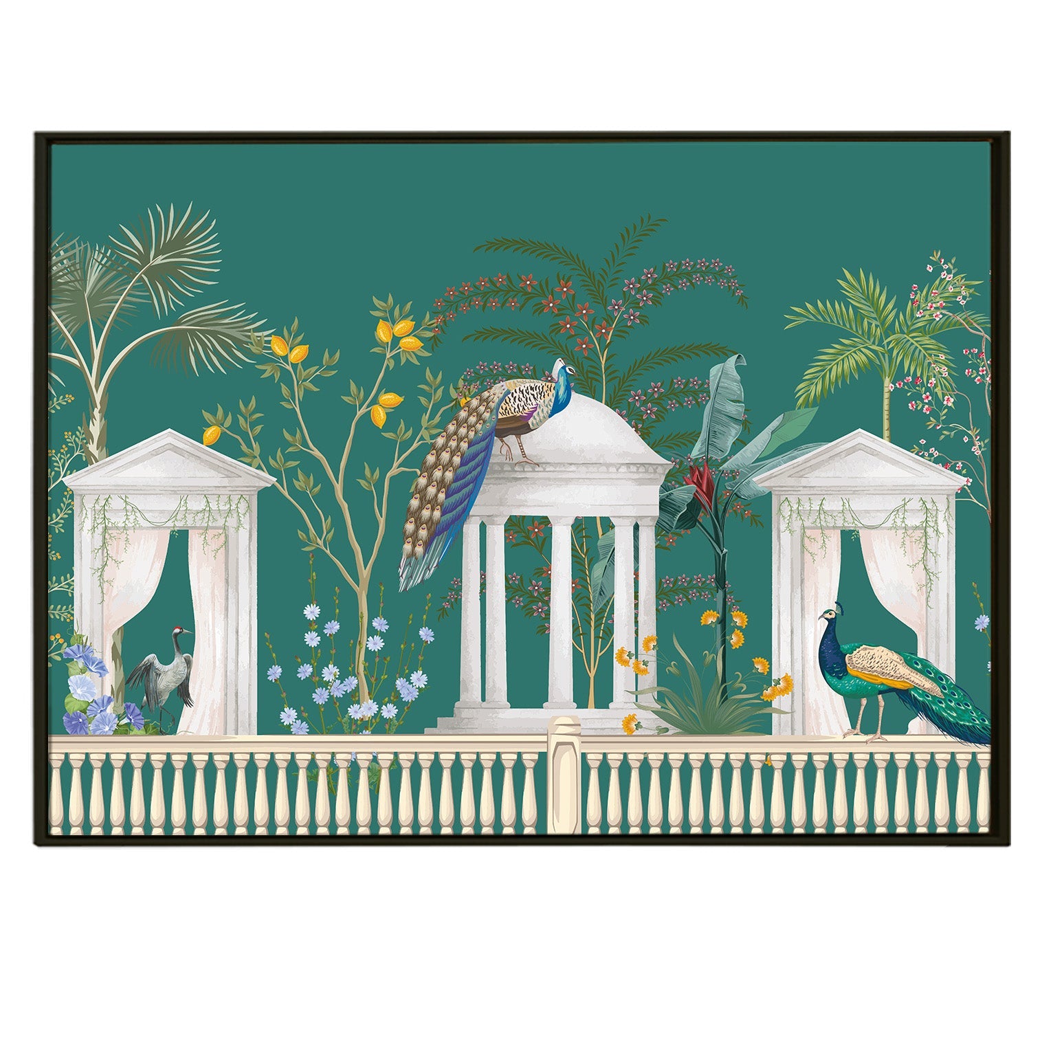 Mughal Garden Peacock Artwork Abstract Canvas Framed Painting Indian Ethnic Traditional Wall Art Large Size For Living Room Bedroom Office Home Decoration.