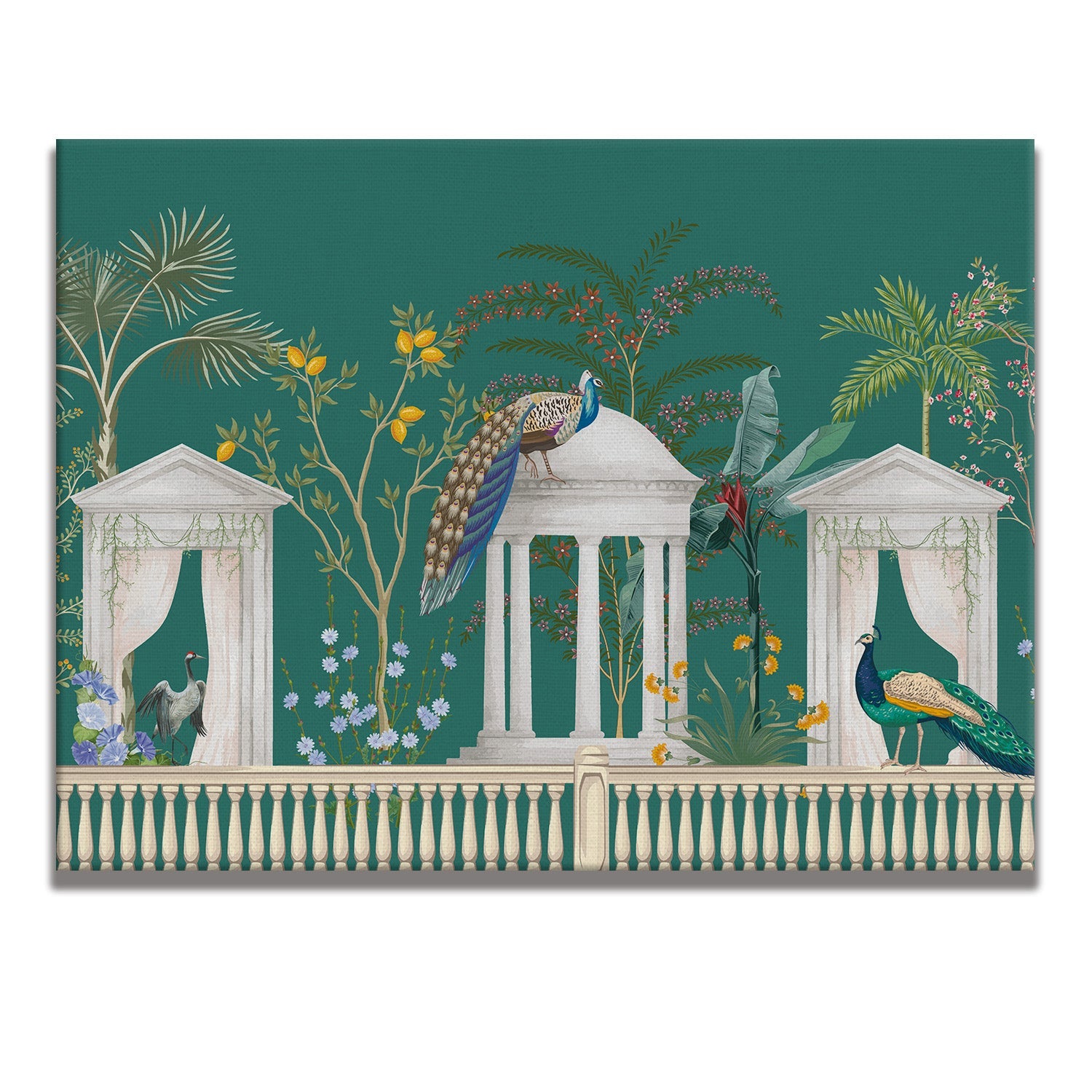Mughal Garden Peacock Artwork Abstract Canvas Framed Painting Indian Ethnic Traditional Wall Art Large Size For Living Room Bedroom Office Home Decoration.
