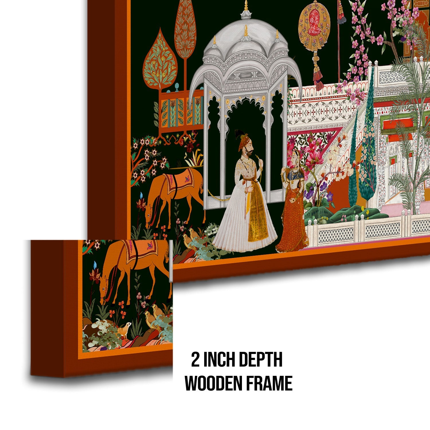 Mughal Garden View Artwork Abstract Canvas Framed Painting Indian Ethnic Traditional Wall Art Large Size For Living Room Bedroom Office Restaurant Caffe Home Decor