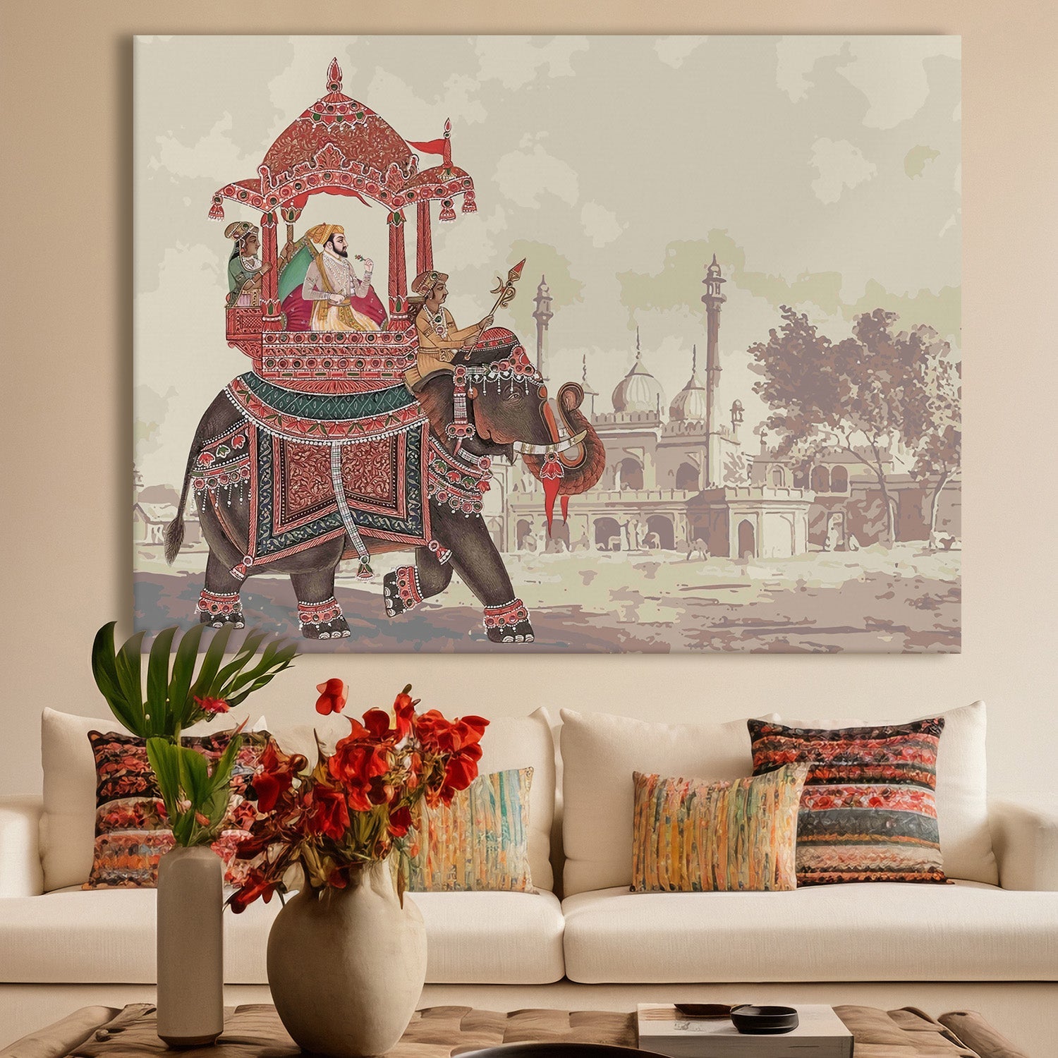 Mughal Theme Artwork Abstract Canvas Framed Painting Indian Ethnic Traditional Wall Art Large Size For Living Room Bedroom Office Home Decoration