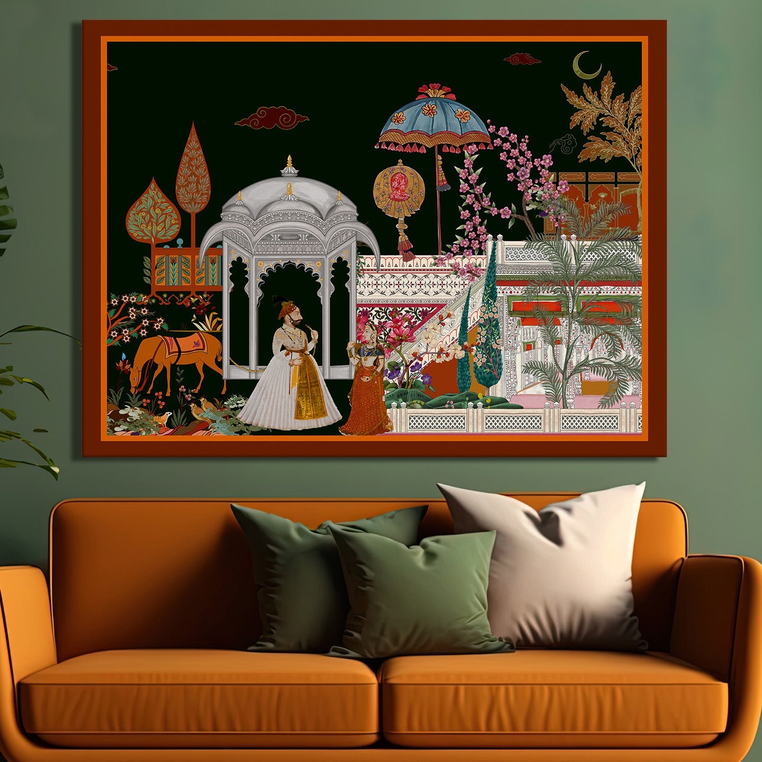 Mughal Garden View Artwork Abstract Canvas Framed Painting Indian Ethnic Traditional Wall Art Large Size For Living Room Bedroom Office Restaurant Caffe Home Decor
