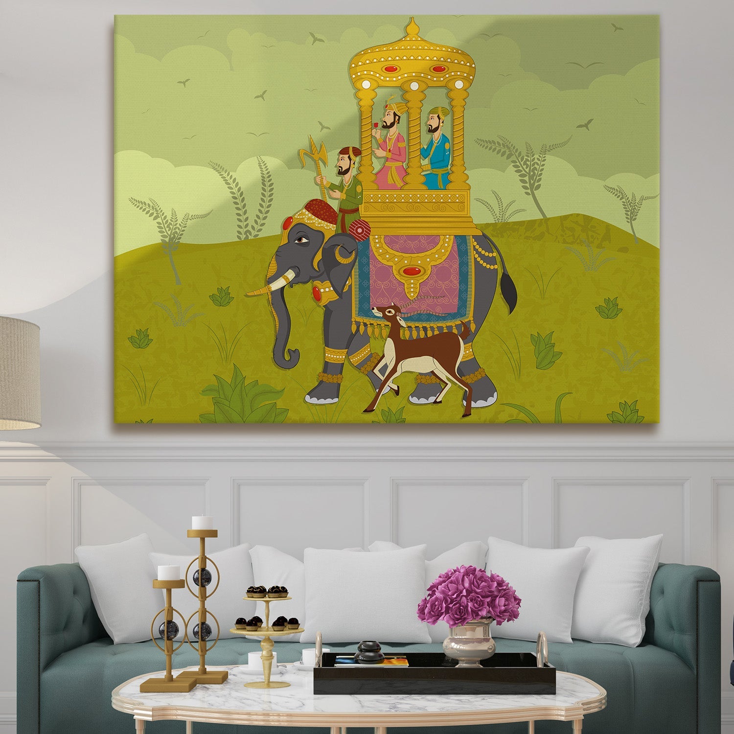Mughal Elephant Artwork Abstract Canvas Framed Painting Indian Ethnic Traditional Wall Art Large Size For Living Room Bedroom Office Home Decoration