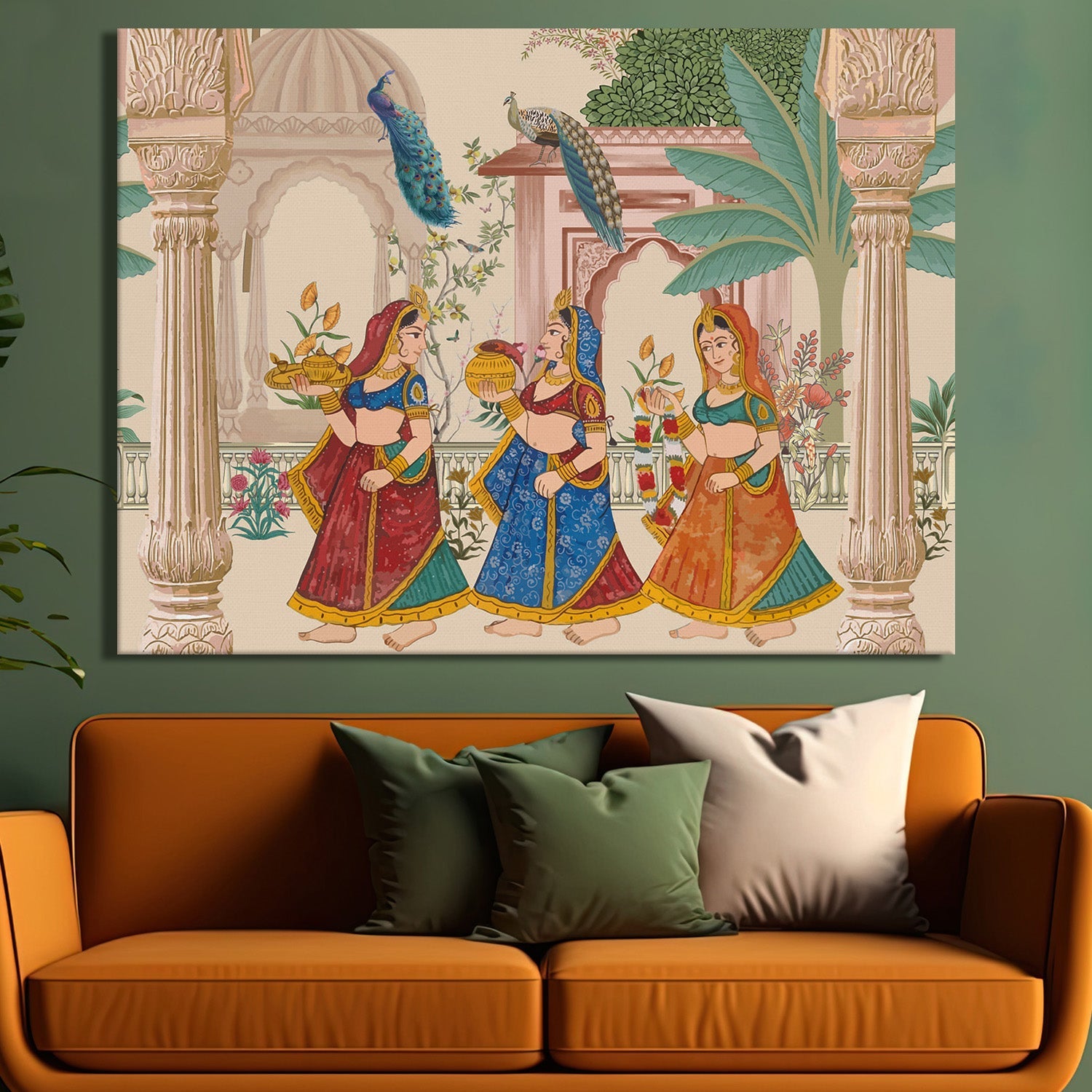 Mughal Garden Peacock Artwork Abstract Canvas Framed Painting Indian Ethnic Traditional Wall Art Large Size For Living Room Bedroom Office Restaurant Caffe Home Decor