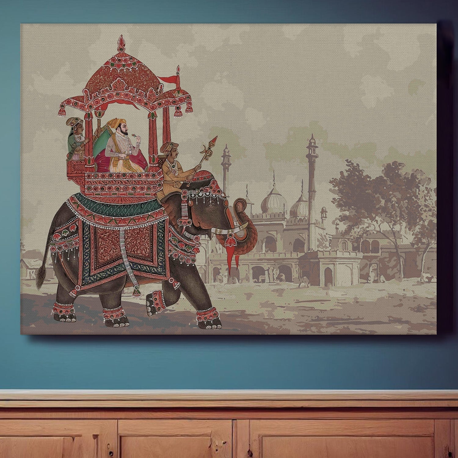 Mughal Theme Artwork Abstract Canvas Framed Painting Indian Ethnic Traditional Wall Art Large Size For Living Room Bedroom Office Home Decoration