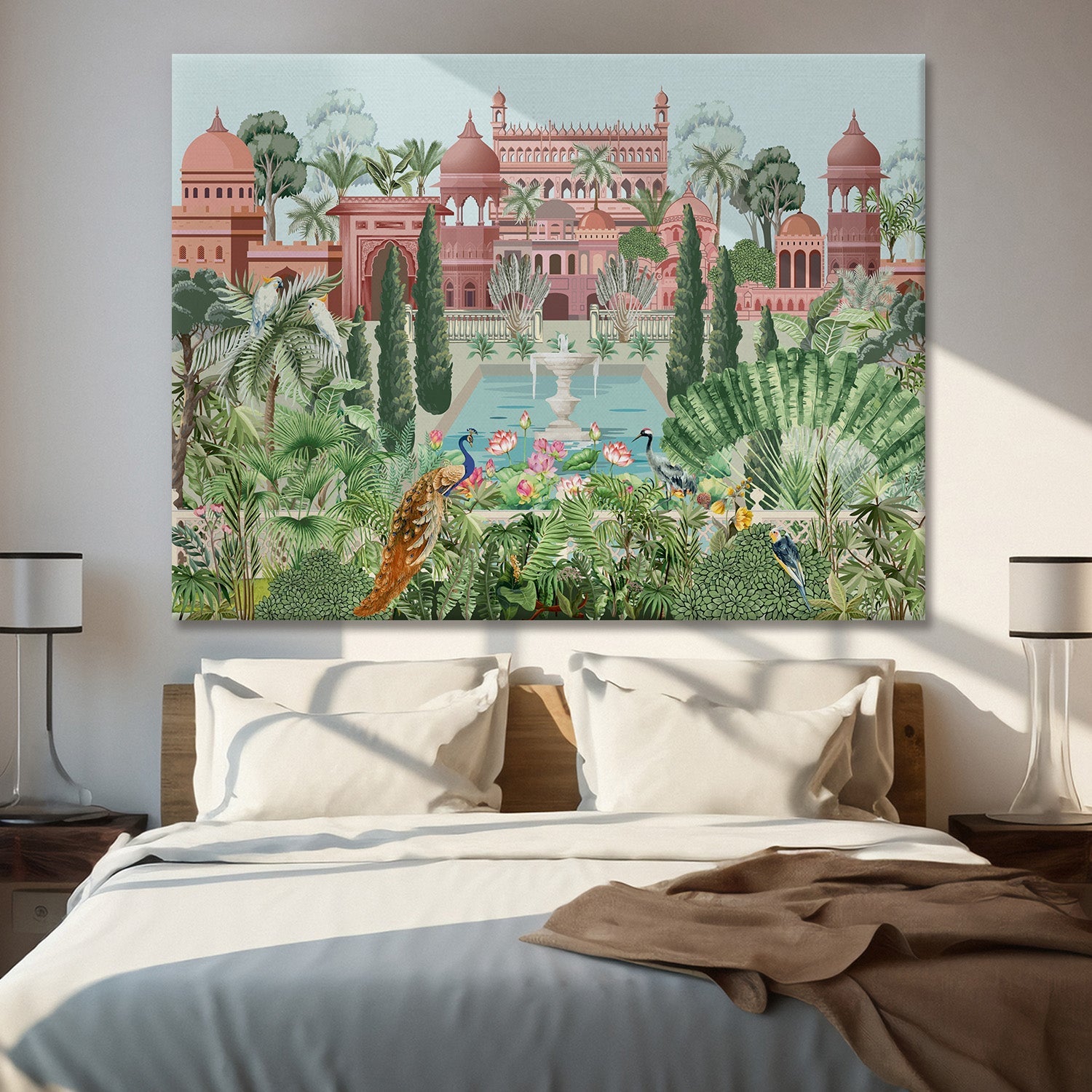 Mughal Garden and Palace Picture Artwork Abstract Canvas Framed Painting Indian Ethnic Traditional Wall Art Large Size For Living Room Bedroom Office Home Decoration