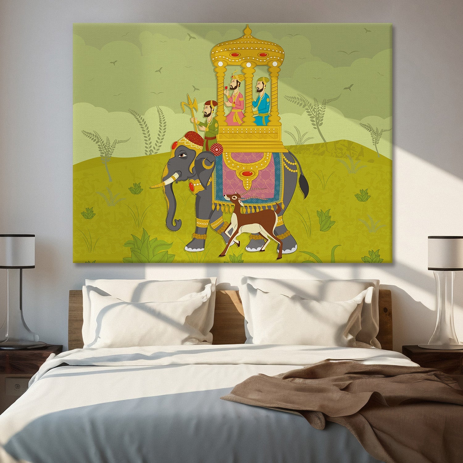 Mughal Elephant Artwork Abstract Canvas Framed Painting Indian Ethnic Traditional Wall Art Large Size For Living Room Bedroom Office Home Decoration