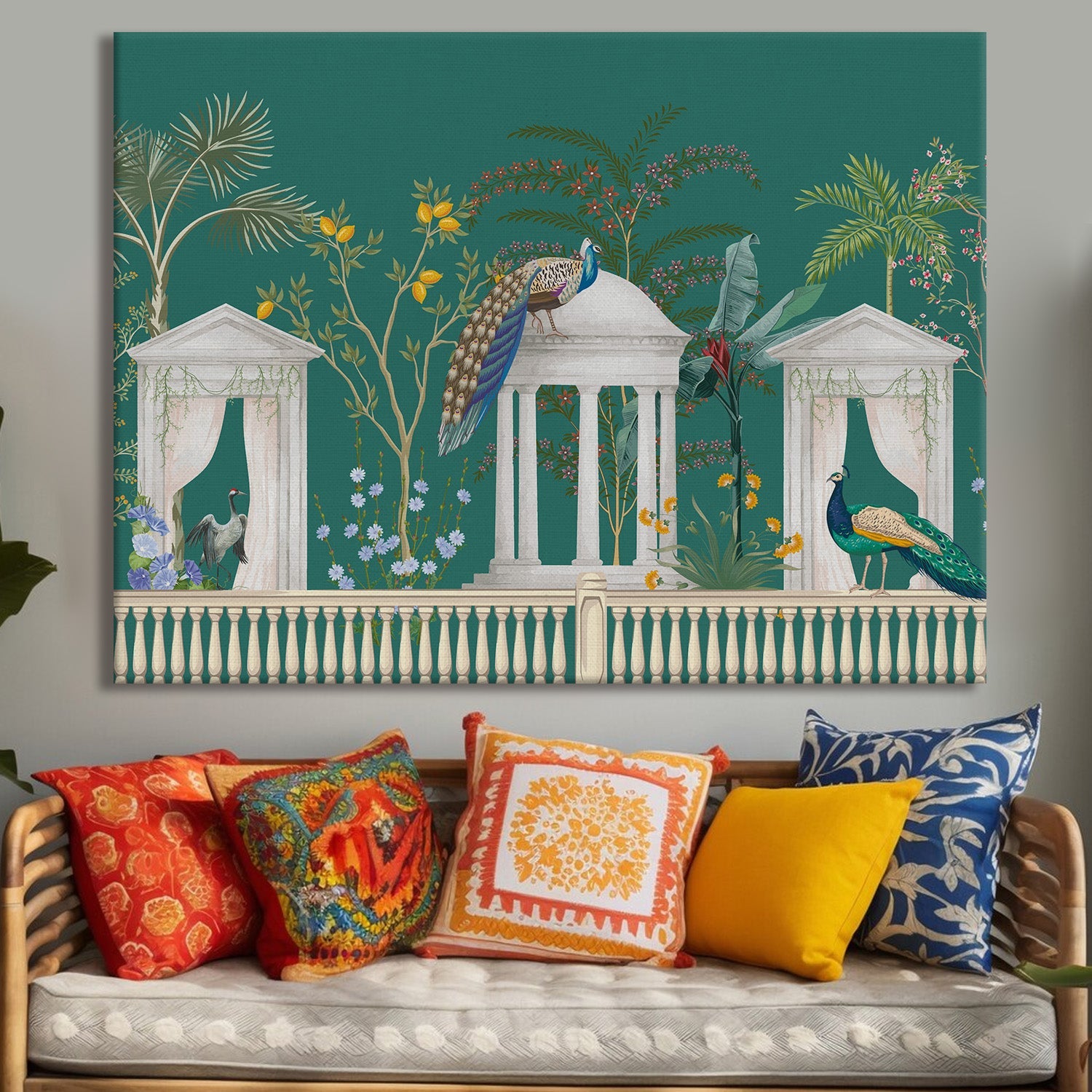 Mughal Garden Peacock Artwork Abstract Canvas Framed Painting Indian Ethnic Traditional Wall Art Large Size For Living Room Bedroom Office Home Decoration.