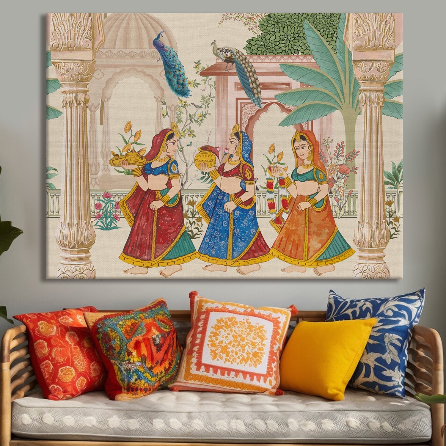 Mughal Garden Peacock Artwork Abstract Canvas Framed Painting Indian Ethnic Traditional Wall Art Large Size For Living Room Bedroom Office Restaurant Caffe Home Decor