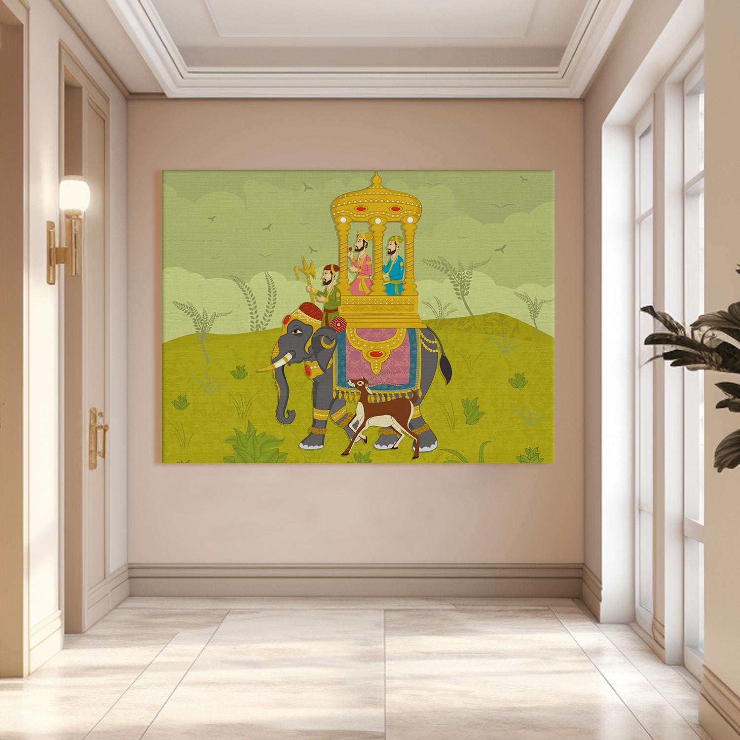 Mughal Elephant Artwork Abstract Canvas Framed Painting Indian Ethnic Traditional Wall Art Large Size For Living Room Bedroom Office Home Decoration