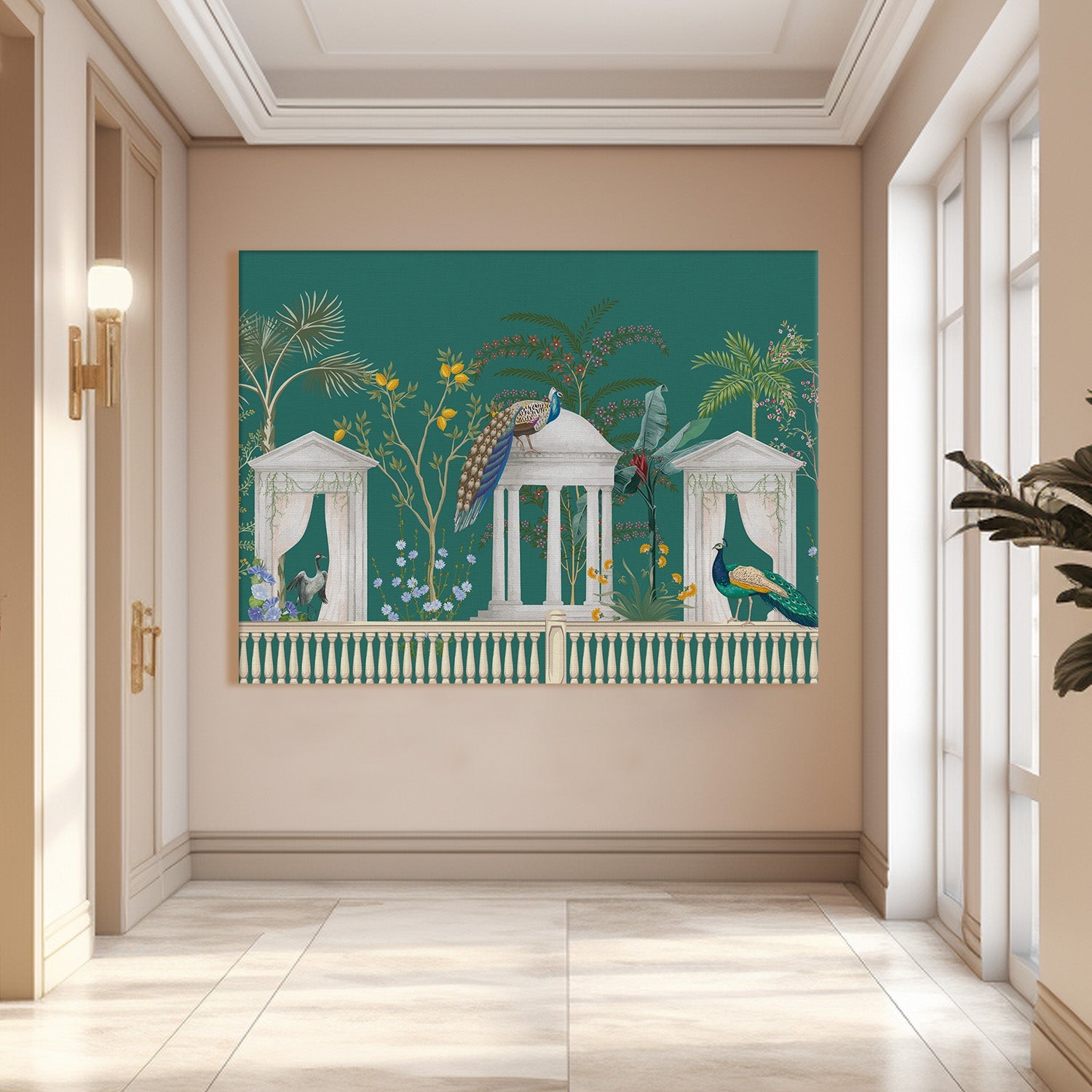 Mughal Garden Peacock Artwork Abstract Canvas Framed Painting Indian Ethnic Traditional Wall Art Large Size For Living Room Bedroom Office Home Decoration.
