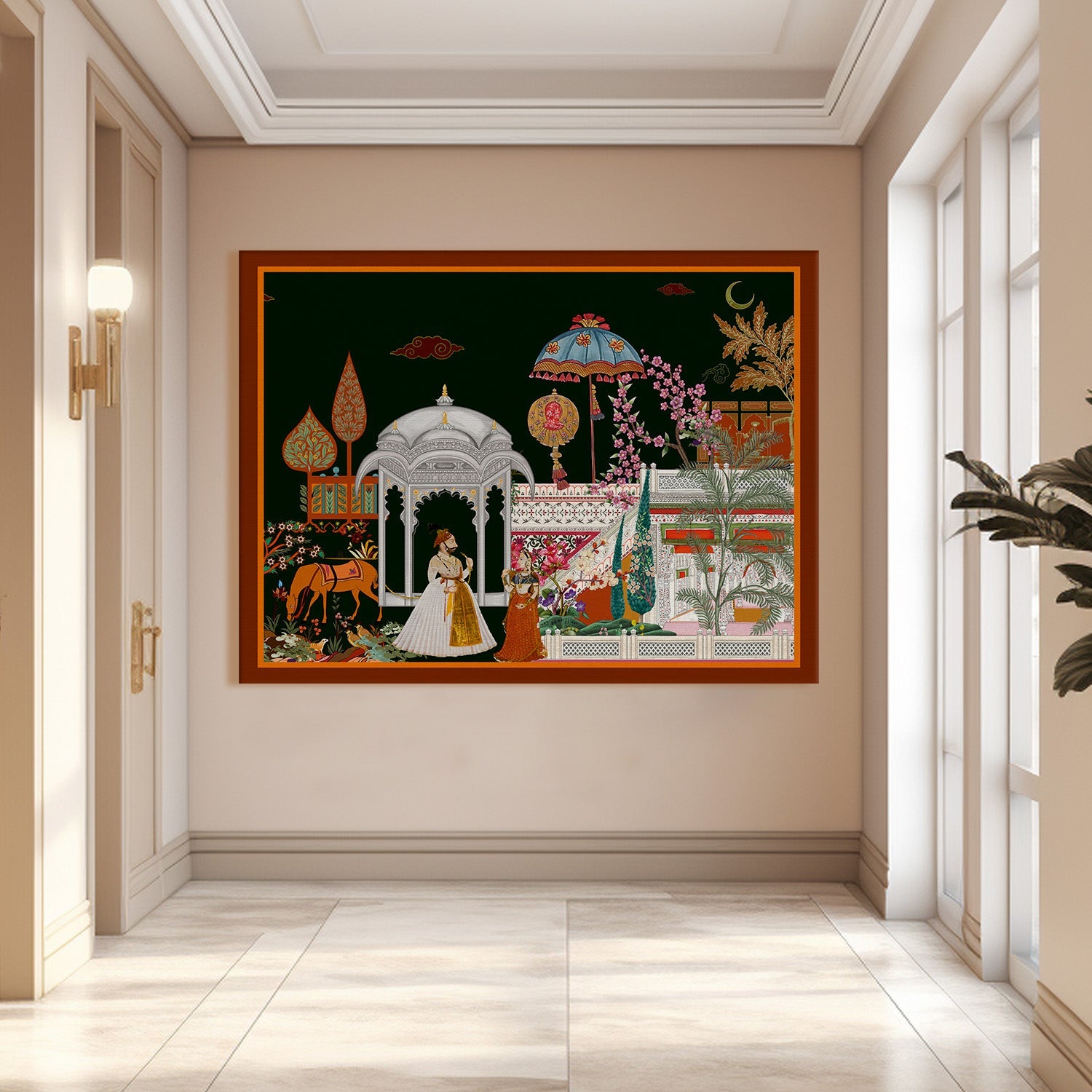 Mughal Garden View Artwork Abstract Canvas Framed Painting Indian Ethnic Traditional Wall Art Large Size For Living Room Bedroom Office Restaurant Caffe Home Decor
