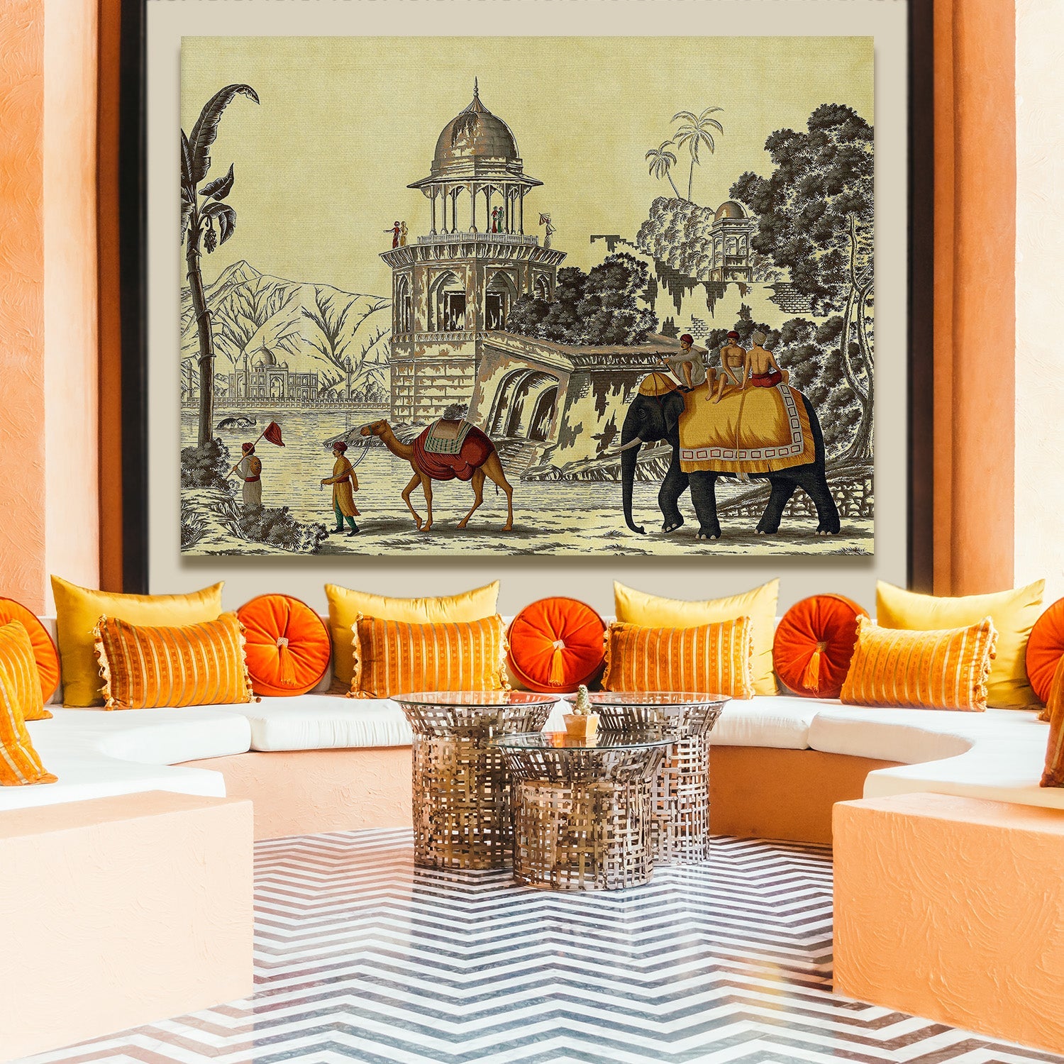 Elephant and Camel Picture Artwork Abstract Canvas Framed Painting Indian Ethnic Traditional Wall Art Large Size For Living Room Bedroom Office Restaurant Home Decoration