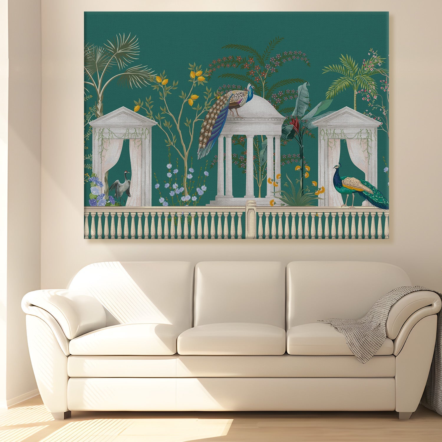 Mughal Garden Peacock Artwork Abstract Canvas Framed Painting Indian Ethnic Traditional Wall Art Large Size For Living Room Bedroom Office Home Decoration.