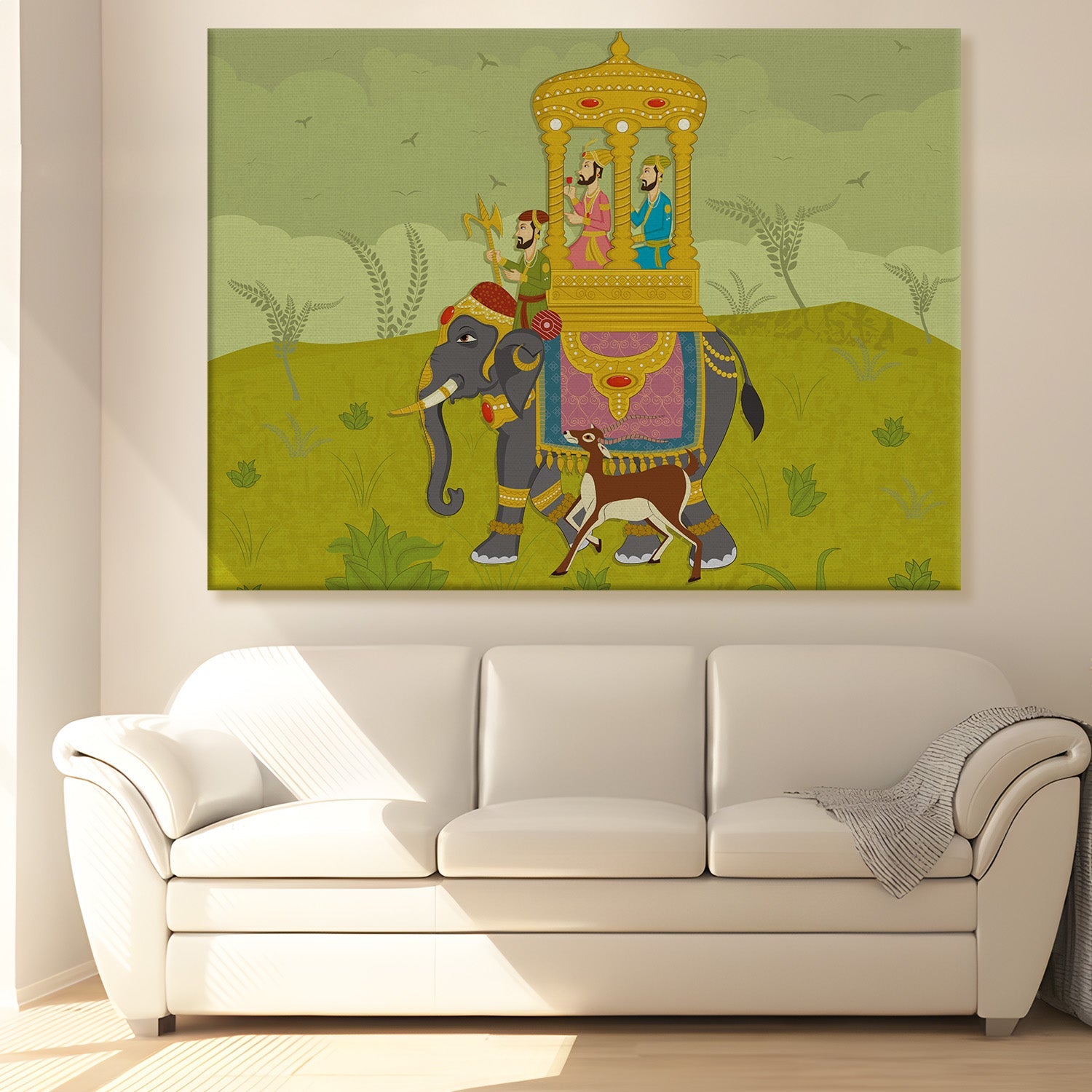 Mughal Elephant Artwork Abstract Canvas Framed Painting Indian Ethnic Traditional Wall Art Large Size For Living Room Bedroom Office Home Decoration