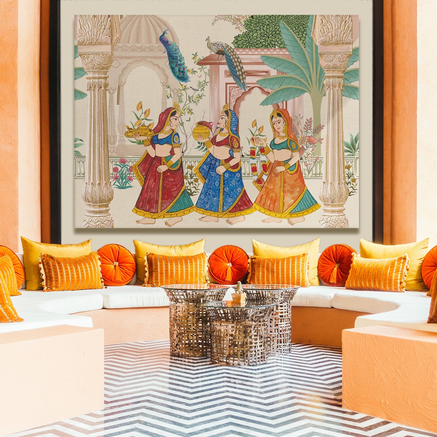 Mughal Garden Peacock Artwork Abstract Canvas Framed Painting Indian Ethnic Traditional Wall Art Large Size For Living Room Bedroom Office Restaurant Caffe Home Decor