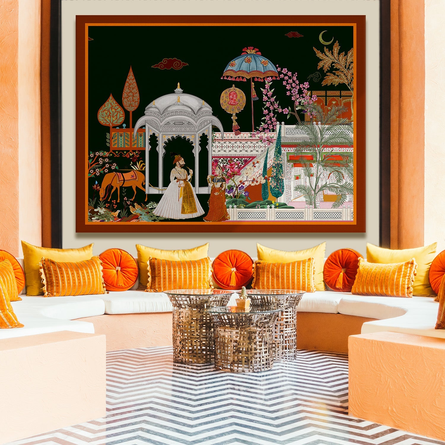 Mughal Garden View Artwork Abstract Canvas Framed Painting Indian Ethnic Traditional Wall Art Large Size For Living Room Bedroom Office Restaurant Caffe Home Decor