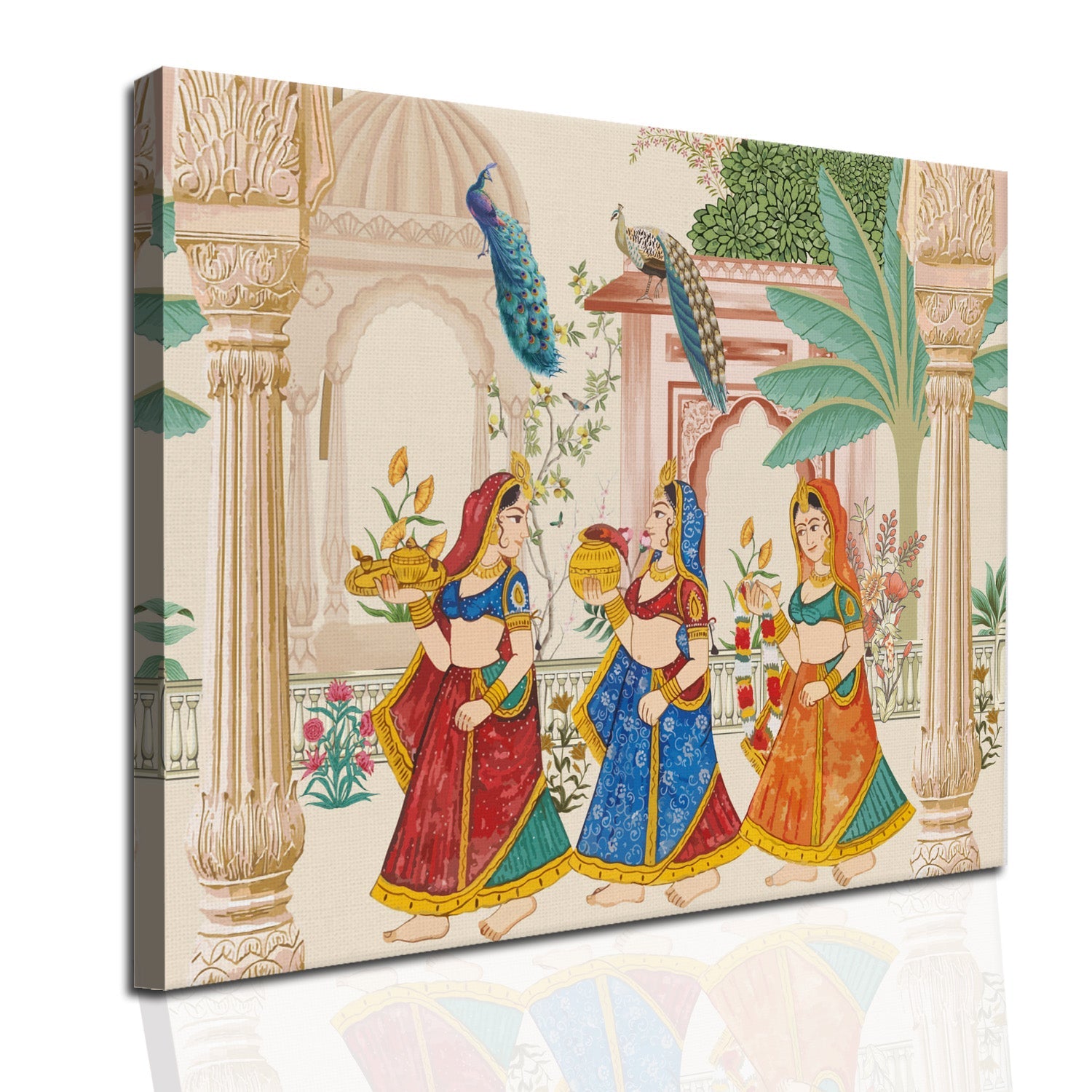Mughal Garden Peacock Artwork Abstract Canvas Framed Painting Indian Ethnic Traditional Wall Art Large Size For Living Room Bedroom Office Restaurant Caffe Home Decor